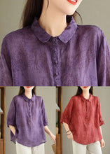 Load image into Gallery viewer, Loose Purple Peter Pan Collar Print Linen Blouses Half Sleeve