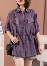 Load image into Gallery viewer, Loose Purple Peter Pan Collar Tie Waist Silk Cotton Shirt Half Sleeve