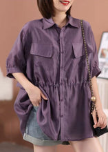 Load image into Gallery viewer, Loose Purple Peter Pan Collar Tie Waist Silk Cotton Shirt Half Sleeve