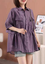 Load image into Gallery viewer, Loose Purple Peter Pan Collar Tie Waist Silk Cotton Shirt Half Sleeve