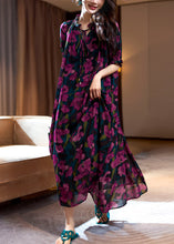 Load image into Gallery viewer, Loose Purple Print Ruffled Lace Up Chiffon Long Dresses Summer