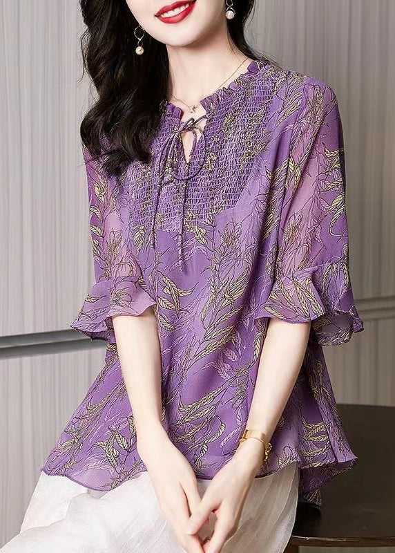 Loose Purple Ruffled Lace Up Chiffon Shirt Half Sleeve