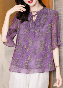 Loose Purple Ruffled Lace Up Chiffon Shirt Half Sleeve