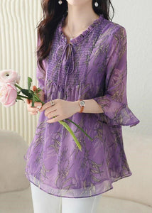 Loose Purple Ruffled Lace Up Chiffon Shirt Half Sleeve