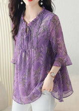 Load image into Gallery viewer, Loose Purple Ruffled Lace Up Chiffon Shirt Half Sleeve