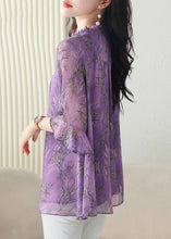 Load image into Gallery viewer, Loose Purple Ruffled Lace Up Chiffon Shirt Half Sleeve