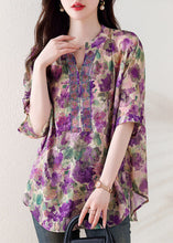 Load image into Gallery viewer, Loose Purple V Neck Print Zircon Cotton Blouses Summer