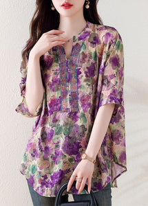 Loose Purple V Neck Print Zircon Cotton Blouses Summer