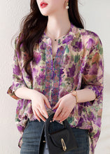 Load image into Gallery viewer, Loose Purple V Neck Print Zircon Cotton Blouses Summer