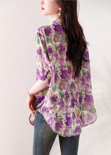 Load image into Gallery viewer, Loose Purple V Neck Print Zircon Cotton Blouses Summer