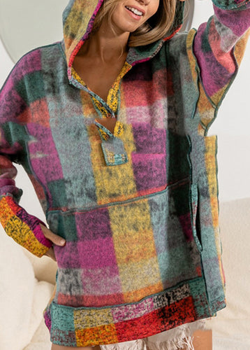 Loose Rainbow Plaid Button Fleece Sweatshirt Fall