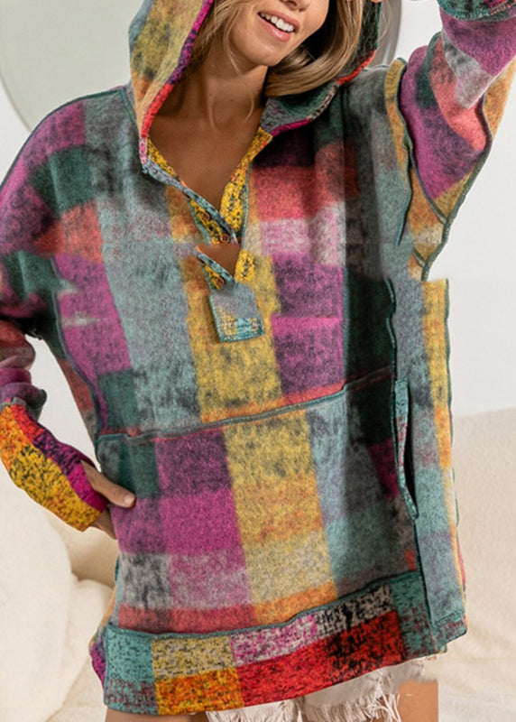 Loose Rainbow Plaid Button Fleece Sweatshirt Fall