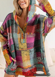 Loose Rainbow Plaid Button Fleece Sweatshirt Fall