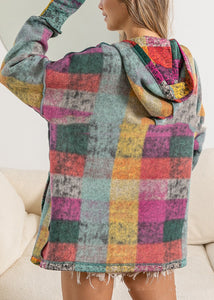 Loose Rainbow Plaid Button Fleece Sweatshirt Fall