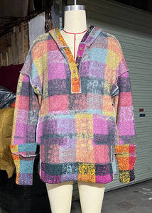 Loose Rainbow Plaid Button Fleece Sweatshirt Fall