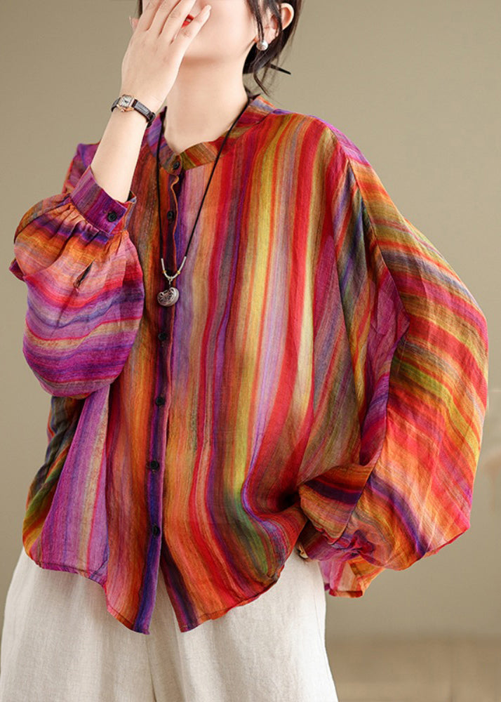 Loose Rainbow Striped Button Linen Blouses Batwing Sleeve