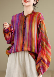 Loose Rainbow Striped Button Linen Blouses Batwing Sleeve