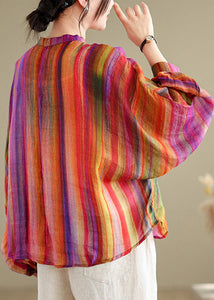 Loose Rainbow Striped Button Linen Blouses Batwing Sleeve