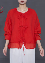 Load image into Gallery viewer, Loose Red Patchwork Lace Up Chiffon Shirt Top Summer