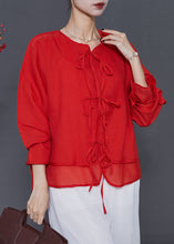 Load image into Gallery viewer, Loose Red Patchwork Lace Up Chiffon Shirt Top Summer