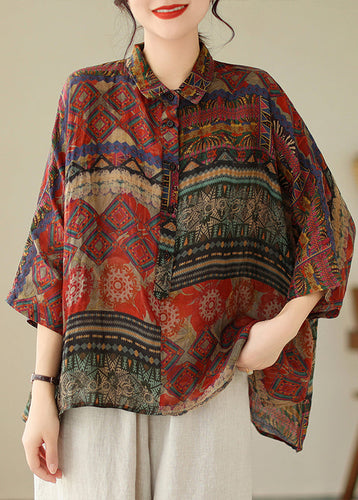 Loose Red Print Low High Design Cotton Shirts Batwing Sleeve