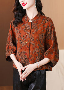 Loose Red Stand Collar Print Silk Shirt Bracelet Sleeve