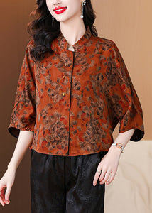 Loose Red Stand Collar Print Silk Shirt Bracelet Sleeve