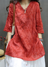 Load image into Gallery viewer, Loose Red V Neck Embroidered Linen Blouses Summer