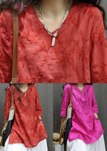 Load image into Gallery viewer, Loose Red V Neck Embroidered Linen Blouses Summer