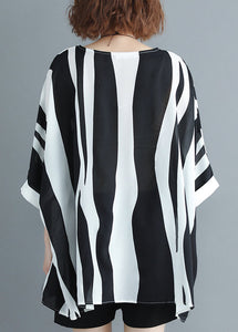 Loose Striped O Neck Chiffon T Shirt Batwing Sleeve