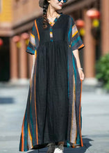 Load image into Gallery viewer, Loose Striped V Neck Ruffled Patchwork Cotton Long Dresses Summer