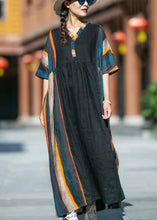 Load image into Gallery viewer, Loose Striped V Neck Ruffled Patchwork Cotton Long Dresses Summer