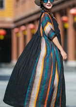 Load image into Gallery viewer, Loose Striped V Neck Ruffled Patchwork Cotton Long Dresses Summer