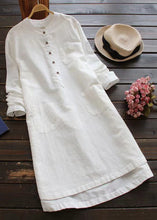 Load image into Gallery viewer, Loose White Button Pockets Linen Shirt Dresses Long Sleeve