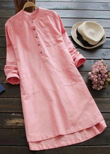 Loose White Button Pockets Linen Shirt Dresses Long Sleeve