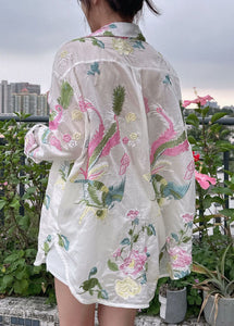 Loose White Embroidered Button Cotton Shirt Long Sleeve