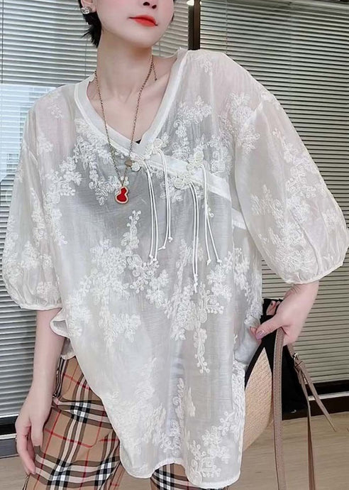 Loose White Embroidered Chinese Button Silk Cotton T Shirts Half Sleeved