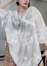 Load image into Gallery viewer, Loose White Embroidered Chinese Button Silk Cotton T Shirts Half Sleeved