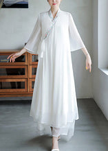 Load image into Gallery viewer, Loose White Embroidered Lace Up Chiffon Dresses Flare Sleeve