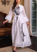 Load image into Gallery viewer, Loose White Embroidered Tie Waist Long Dresses Puff Sleeve