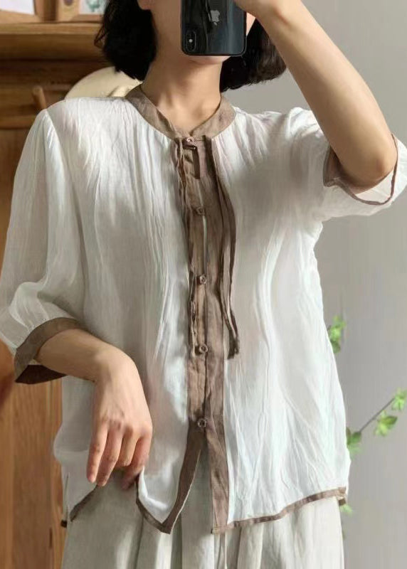 Loose White O-Neck Button Linen Shirt Bracelet Sleeve