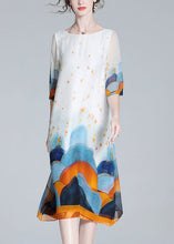 Load image into Gallery viewer, Loose White O Neck Print Silk Dresses Half Sleeve