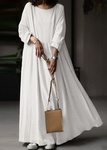 Loose White O Neck Solid Cotton Maxi Dress Long Sleeve