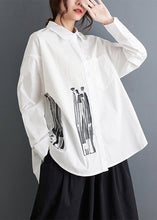 Load image into Gallery viewer, Loose White Peter Pan Collar Print Pockets Cotton Blouses Fall