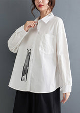 Load image into Gallery viewer, Loose White Peter Pan Collar Print Pockets Cotton Blouses Fall