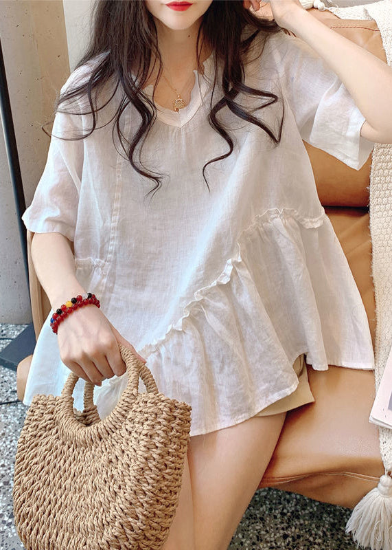 Loose White V Neck Ruffled Cotton T Shirts Summer