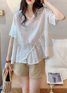 Loose White V Neck Ruffled Cotton T Shirts Summer