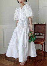 Load image into Gallery viewer, Loose White V Neck Wrinkled Hollow Out Cotton Dress Summer