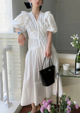 Load image into Gallery viewer, Loose White V Neck Wrinkled Hollow Out Cotton Dress Summer