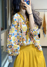 Load image into Gallery viewer, Loose Yellow Lace Up Print Cotton Top Long Sleeve